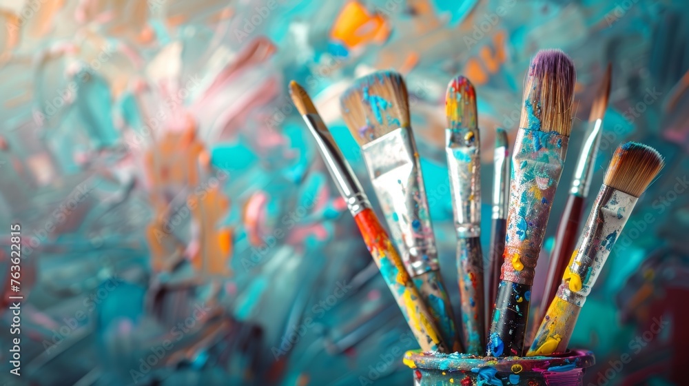 Variety of colorful paint brushes against an abstract background in an artist's studio Variety of colorful paint brushes against an abstract background in an artist's studio