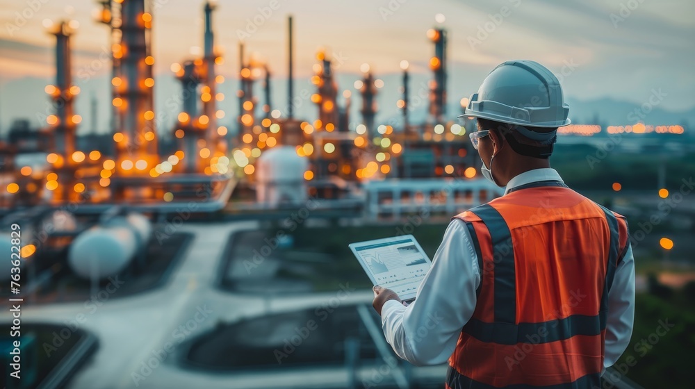 Engineer in white helmet inspects data at oil refinery with factory structures against dynamic sky Engineer in white helmet inspects data at oil refinery with factory structures against dynamic sky
