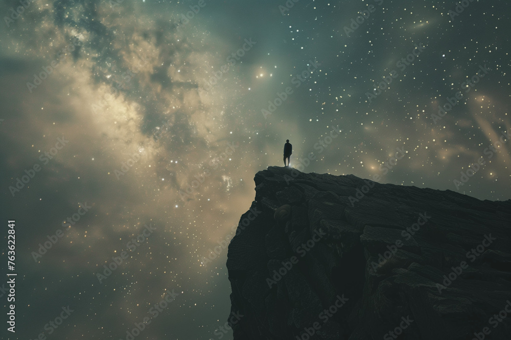 person standing on top of a hill observing a cloud like nebula surrounded by stars