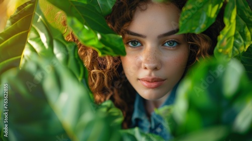 A woman with curly hair peeking out of a bunch of leaves, AI