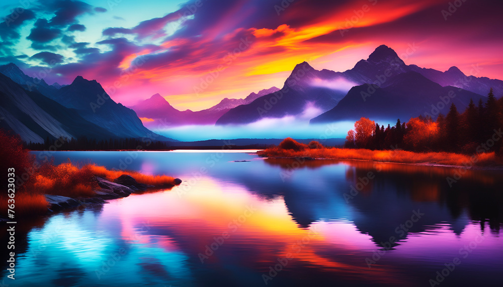 sunset over the lake, sunrise over mountains, colorful sky and clouds, beautiful landscape, Wall Art Design for Home Decor, wallpaper for cellphone, desktop, laptop
