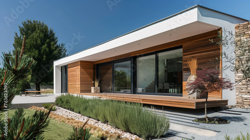 Modern house exterior with patio door.