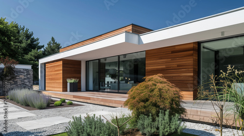 Modern house exterior with patio door.