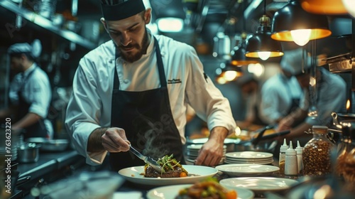 Professional chef plating a gourmet dish in high-end restaurant kitchen, with an emphasis on the precision and artistry of the presentation. The background blur showcases the busy kitchen environment