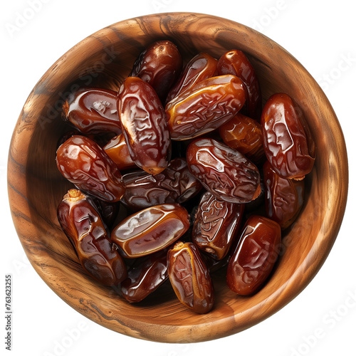 Bowl of dried dates from directly above on transparent background