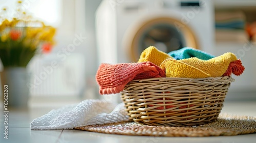 Colorful microfiber towels in a woven basket with a laundry machine in the background