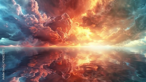 A colorful sky with clouds over water, AI