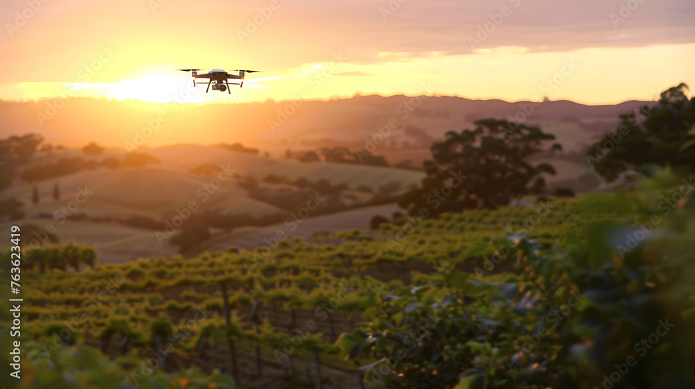 A drone flying above lush green fields during sunset. Agriculture technology concept