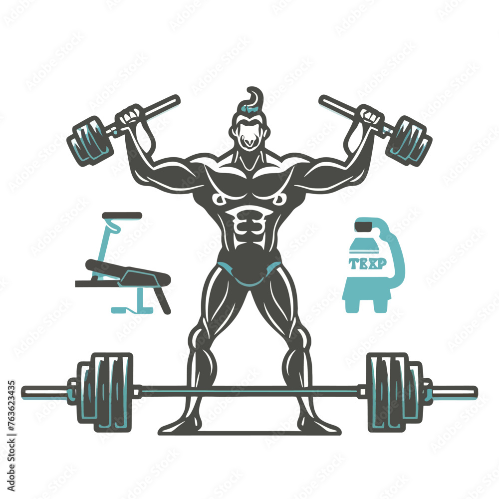 red white black modern style minimalist lines of a strong muscle pose strong body builder anatomy man at gym with bundle Doing exercises in all body positions using different gym equipment red white black modern style minimalist lines of a strong muscle pose strong body builder anatomy man at gym with bundle Doing exercises in all body positions using different gym equipment