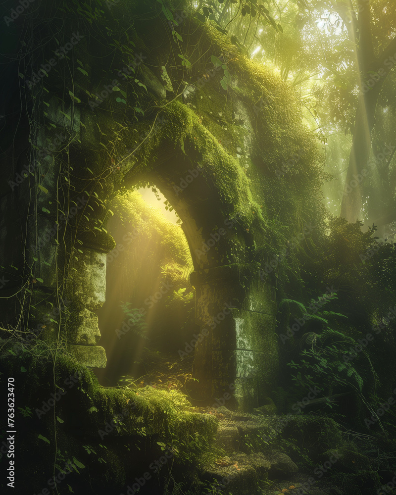 ruins of a portal, overgrown with moss and vines, in a deep forest, bathed in rays of sunlight 