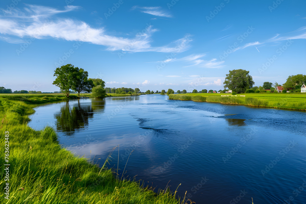 Serene Waterscape: Majestic View of Ijssel River Flowing through Dutch Countryside