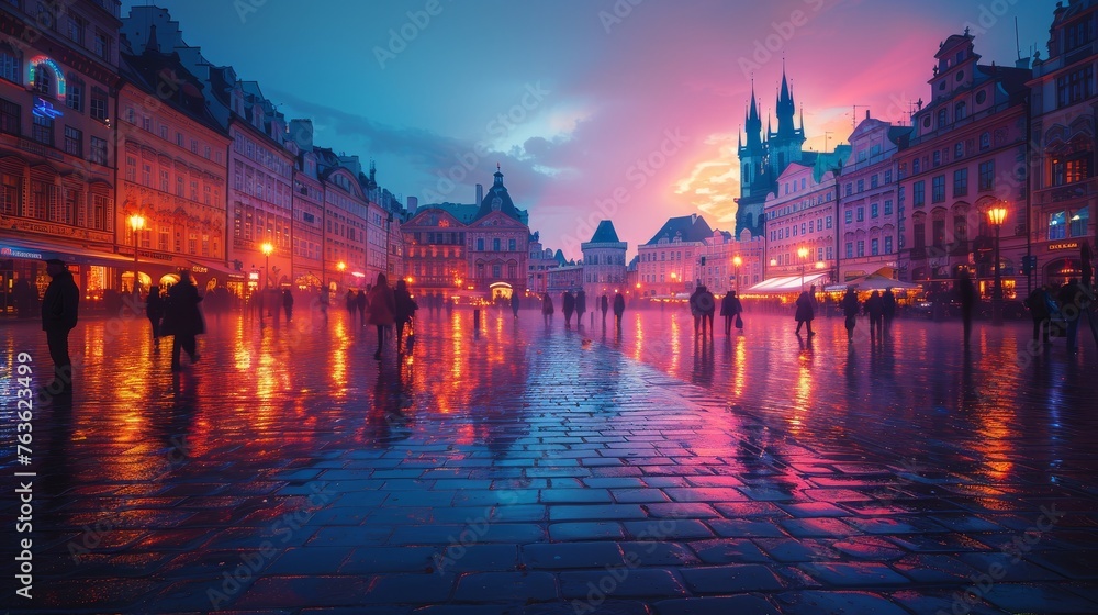 A bustling city square at dusk