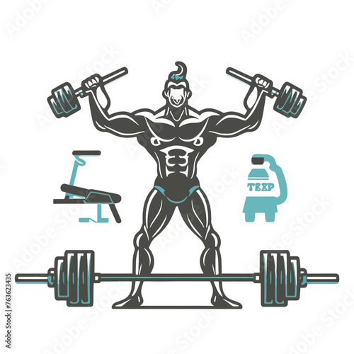 red white black modern style minimalist lines of a strong muscle pose strong body builder anatomy man at gym with bundle Doing exercises in all body positions using different gym equipment
