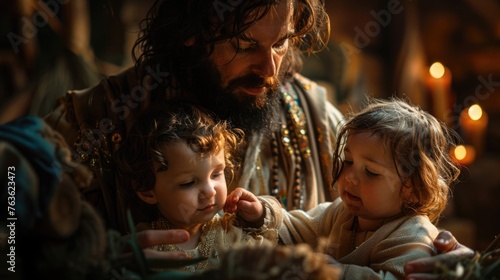 Reading stories about Saint Joseph to children at bedtime, emphasizing virtues of kindness and protection photo