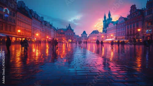 A bustling city square at dusk