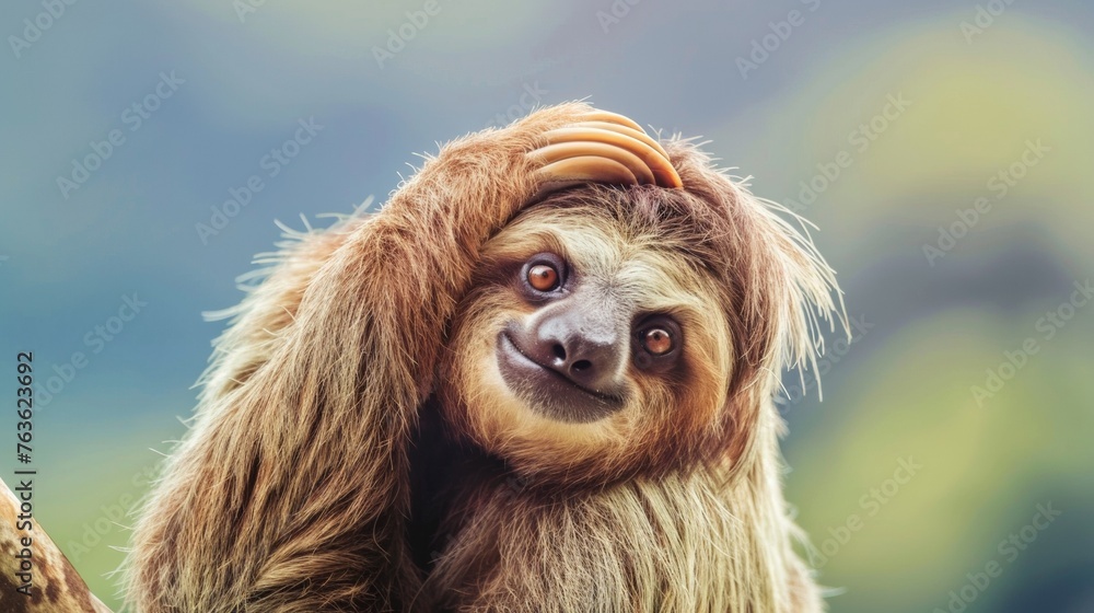 Naklejka premium A sloth is sitting on a branch with its head in the air, AI