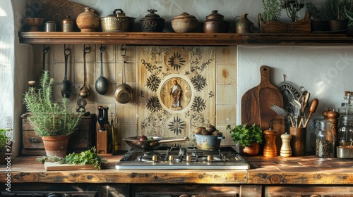 Rustic kitchen setting with a small Saint Joseph shrine, surrounded by traditional Italian cooking utensils and herbs