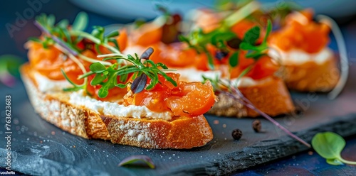 A close-up of delicious gourmet bruschetta with salmon and fresh herbs, symbolizing fine dining and culinary artistry