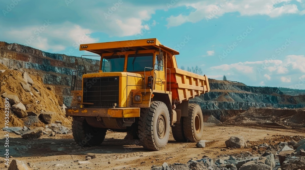 A dynamic image of a large yellow dump truck in action, set against the expanse of a rocky quarry and clear blue sky A dynamic image of a large yellow dump truck in action, set against the expanse of a rocky quarry and clear blue sky