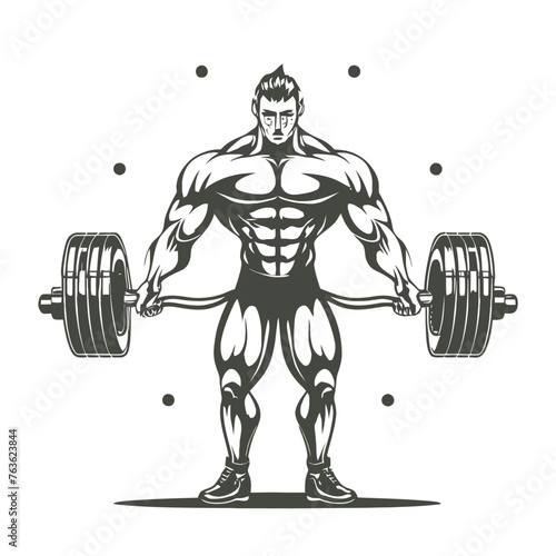 red white black modern style minimalist lines of a strong muscle pose strong body builder anatomy man at gym with bundle Doing exercises in all body positions using different gym equipment
