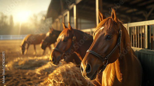 Horses in the stable against the setting sun at golden hour