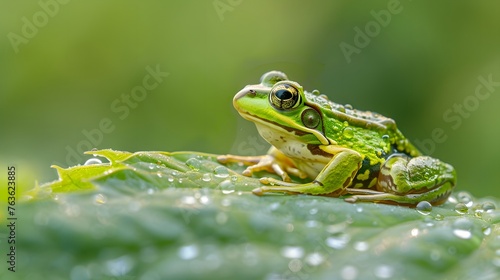 rana esculenta - common european green frog on a dewy leaf  © Ziyan