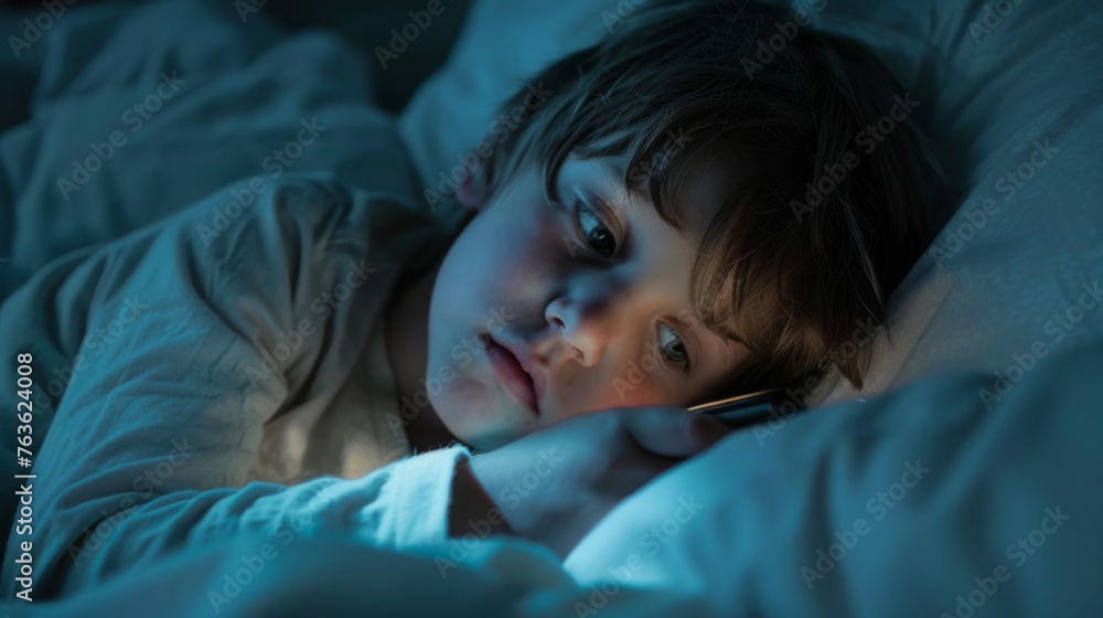 Child uses the phone in the dark in the room Child uses the phone in the dark in the room