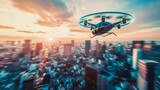 High-speed drone racing through a busy city skyline during a captivating sunset, symbolizing technology and progress