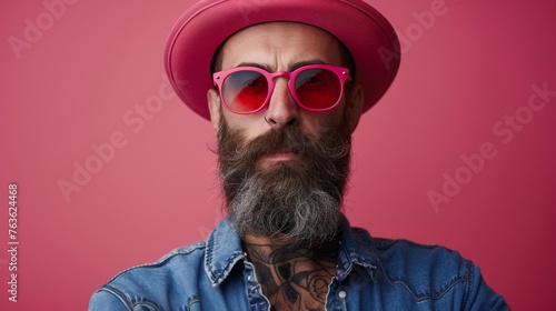 A man with a beard and glasses wearing pink hat, AI © starush