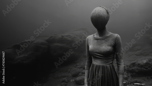 A mysterious surreal image of a woman wearing a macabre mask and wondering aimlessly in a desolate, foggy environment.