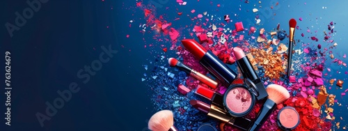 An artistic depiction of vibrant makeup products exploding in a display of color and glamour on a dark contrasting background