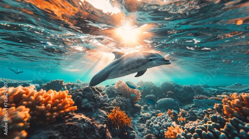 A dolphin swimming in the ocean over coral reefs  AI