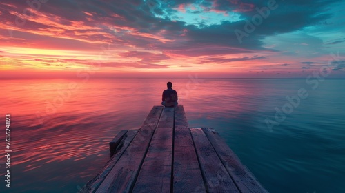 A person sitting on a dock at sunset looking out over the water, AI