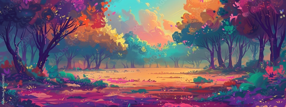 Abstract Natural Forest Landscape Scene Soft Color Painted Digital Generated Illustration Poster Design 