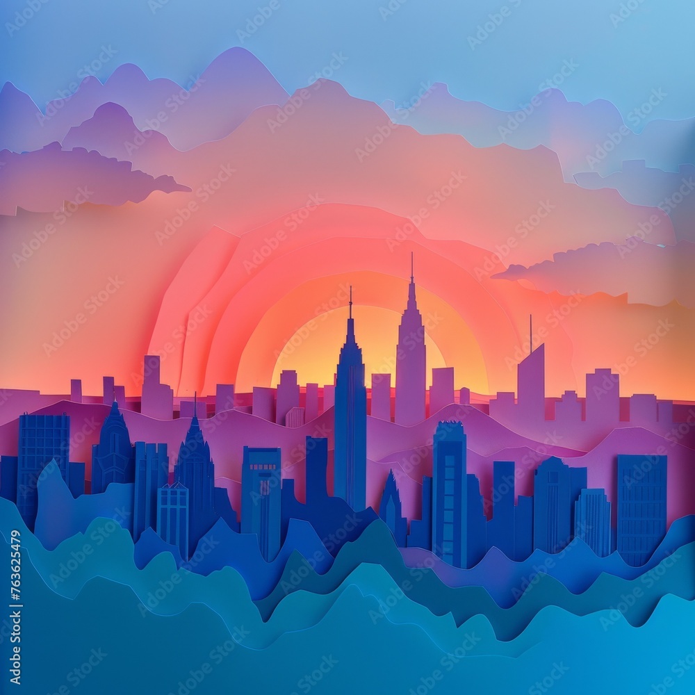 Minimalist paper cut skyline, sunset hues, city outline