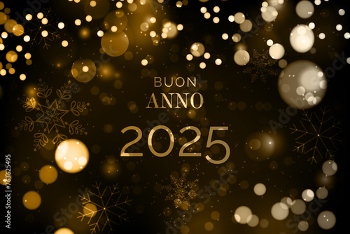biglietto o banner per augurare un felice anno nuovo 2025 in oro su sfondo nero con cerchi dorati e bianchi con effetto bokeh photo