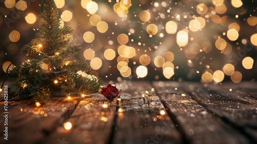 Christmas background with xmas tree and sparkle bokeh lights on wooden canvas background. Merry
