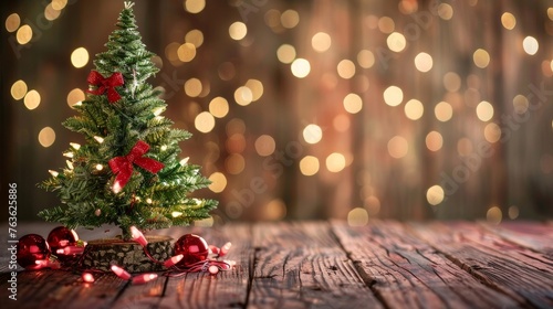 Christmas background with xmas tree and sparkle bokeh lights on wooden canvas background. Merry