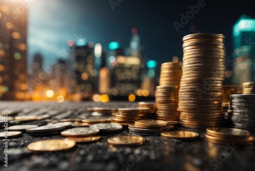 stack of gold coins or bitcoin with blurred city background, business and finance concept
