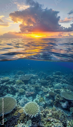 Great barrier reef ecosystem at golden hour in queensland, australia underwater seascape wallpaper © Andrei