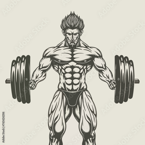 red white black modern style minimalist lines of a strong muscle pose strong body builder anatomy man at gym with bundle Doing exercises in all body positions using different gym equipment