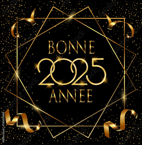 carte ou bandeau pour souhaiter une bonne année 2025 en or dans un carré et deux losange de couleur or sur un fond noir avec des paillettes et des serpentins de couleur or