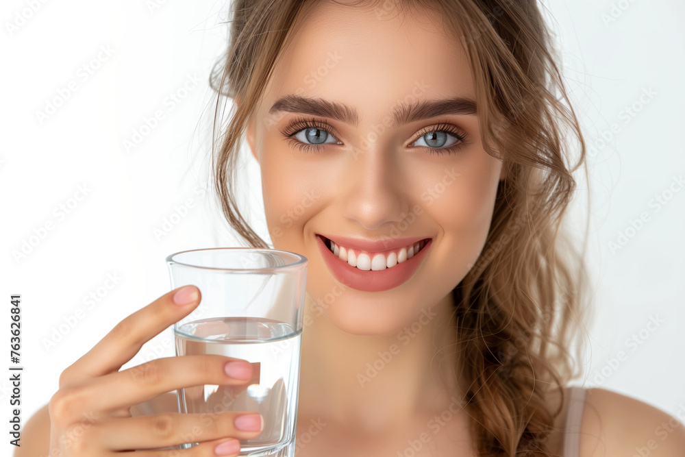 Girl with a glass of water smiling on white background, crystal clear drinking water Girl with a glass of water smiling on white background, crystal clear drinking water