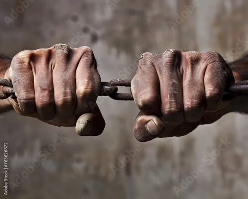 Rustic hands freeing themselves from shackles, fists breaking chains escaping from slavery, forced labor or prison. Breaking chains to regain his freedom. Fists wanting to free themselves from the rus