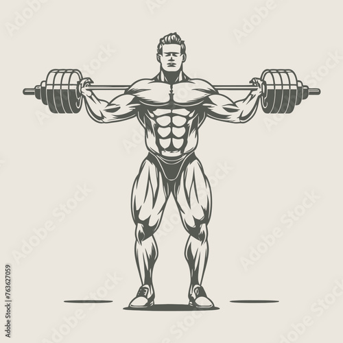 red white black modern style minimalist lines of a strong muscle pose strong body builder anatomy man at gym with bundle Doing exercises in all body positions using different gym equipment
