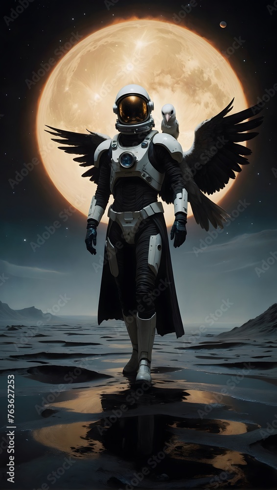 Naklejka premium Ascendant Explorer: Celestial Voyage of the Angelic Astronaut