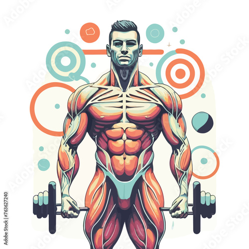 red white black modern style minimalist lines of a strong muscle pose strong body builder anatomy man at gym with bundle Doing exercises in all body positions using different gym equipment
