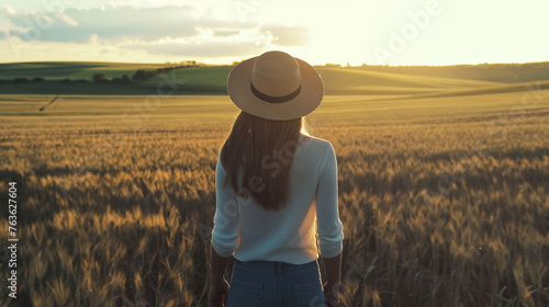 Mulher com um chapéu de costas em um campo de plantação