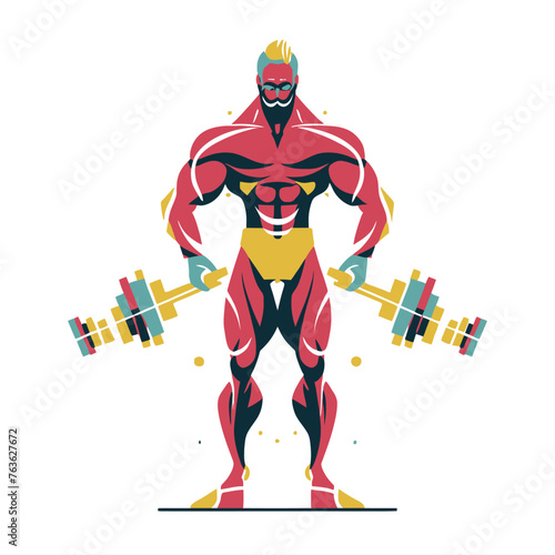 red white black modern style minimalist lines of a strong muscle pose strong body builder anatomy man at gym with bundle Doing exercises in all body positions using different gym equipment
