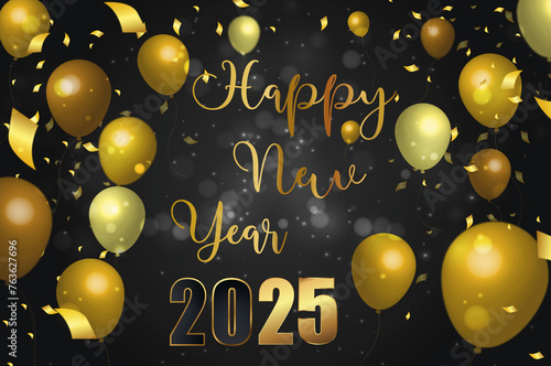 card or banner to wish a happy new year 2025 in gold on a black gradient background with white circles in bokeh effect and gold-colored streamers on each side of the balloons